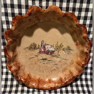 10" Art Pottery Pie Plate Hand Painted Barn Farm Scene Signed Joyce